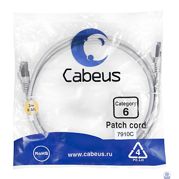 Cabeus PC-FTP-RJ45-Cat.6-2m-LSZH Патч-корд F/UTP, категория 6, 2xRJ45/8p8c, экранированный, серый, LSZH, 2м