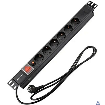 Rexant (04-0102-1) Блок распределения питания для 19" шкафов, горизонтальный, 6 розеток СЕЕ 7/4, 16A, фильтр, выкл, алюм корп, шнур 2м, вилка СЕЕ 7/7