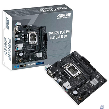 ASUS PRIME H610M-R D4-SI (Socket 1700, mATX, 2xDDR4(64GB), VGA/DVI-D/HDMI 2.1, 1xPCIe 4.0x16/1xPCIe 3.0, 1xLAN, 4xSATA 6Gb/s, 1xM.2, 2xUSB 3.2, 2xUSB 2.0, 2xPS/2)