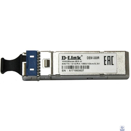 D-Link 330R/10KM/A1A WDM SFP-трансивер с 1 портом 1000Base-BX-U (Tx:1310 нм, Rx:1550 нм) для одномодового оптического кабеля (до 10 км, разъем Simplex LC)