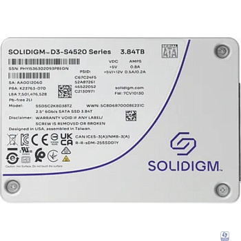 Накопитель Solidigm SSD D3-S4520 Series, 3840GB, 2.5" 7mm, SATA3, TLC, R/W 550/510MB/s, IOPs 92 000/31 000, TBW 15300, DWPD 2 (12 мес.)