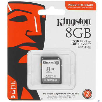 Промышленная карта памяти SecureDigital 8GB Kingston, Class 10 U1 UHS-I MLC, темп. режим от -40? до +85?