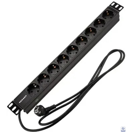 Rexant (04-0105-1) Блок распределения питания для 19" шкафов, горизонтальный, 9 розеток СЕЕ 7/4, 16A, без выкл, алюм корп, шнур 2м, вилка СЕЕ 7/7