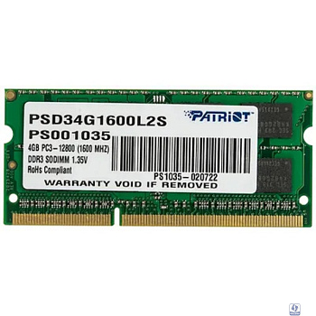 Patriot DDR3 SODIMM 4GB PSD34G1600L2S (PC3-12800, 1600MHz, 1.35V)