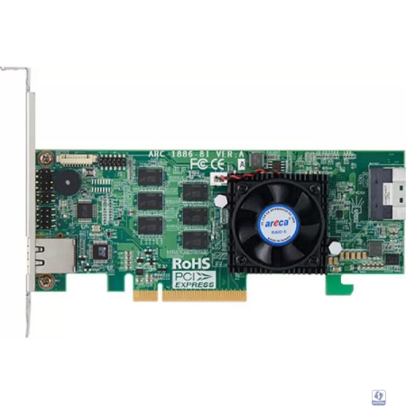 Areca RAID-контроллер Areca ARC-1886-8I PCIe 4.0 x8 Low Profile, NVMe/SAS/SATA 12G, RAID 0,1,5,6,10,50,60, 8port (1*int SFF8654 x8), Cache 8GB (