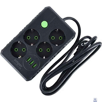 Amper сетевой удлинитель, 2,0м, 4 розетки, 10А, 2500 Вт, 3usb, черный.