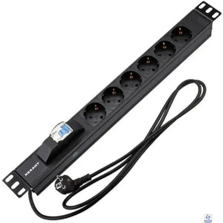 Rexant (04-0103-1) Блок распределения питания для 19" шкафов, горизонтальный, 6 розеток СЕЕ 7/4, 16A, автомат защиты, алюм корп, шнур 2м, вилка СЕЕ 7/7