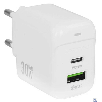 BOROFONE BAS45A/ Сетевое ЗУ/PD + QC 3.0/ 2 USB: Type-C + Type-A/ Выход: 30W + 18W/ White