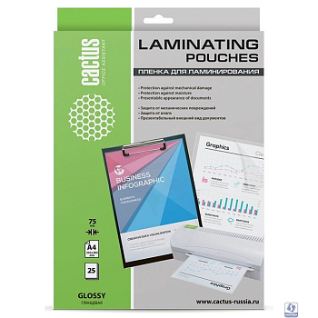 Cactus Пленка для ламинирования 75мкм A4 (25шт) глянцевая 216 x 303мм [CS-LPGA47525]