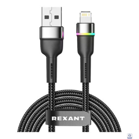Rexant (18-7059) Кабель USB-A – Lightning для Apple, 2,4А, 1м, в черной нейлоновой оплетке, с LED подсветкой
