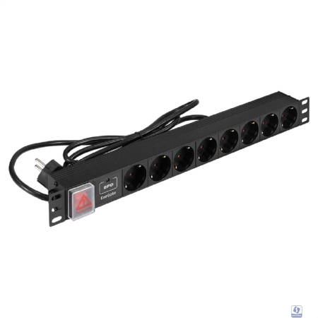 Exegate EX299604RUS Блок розеток с сетевым фильтром (Surge Protect) и выключателем с подсветкой ExeGate ServerPro PDU-19H802 Al-8S-EU1.8CU-SW-SPD1 (19", 1U, Алюминий, 8 Schuko, кабель с евровилкой VDE