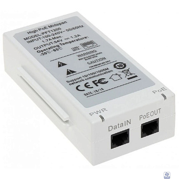 DAHUA DH-PFT1200 Инжектор Hi-PoE, порты 1 RJ45 10/100/1000Мбит/с, 1 RJ45 10/100/1000Мбит/с (PoE/PoE+/Hi-PoE), мощность PoE до 60Вт, питание 100~240В(AC), рабочая температура: -30°С~+65°С