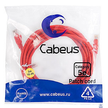 Cabeus PC-UTP-RJ45-Cat.5e-5m-RD-LSZH Патч-корд U/UTP, категория 5е, 2xRJ45/8p8c, неэкранированный, красный, LSZH, 5м