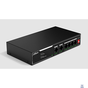DAHUA DH-SF1006LP 6-портовый неуправляемый коммутатор с РоЕ, 4xRJ45 100Mb PoE, 2xRJ45 100Mb uplink, суммарно 36Вт, коммутация 1.2 Гбит/с, MAC-таблица 2K, металл