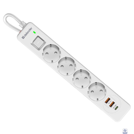 Defender Удлинитель с сетевым фильтром DFS 145 5 м,белый,4розетки,USB+TypeC [99435]