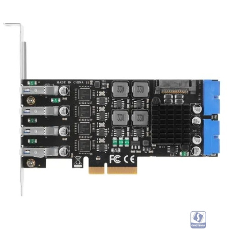 ORIENT NC-3U4419PEX4, Контроллер PCI-Ex4 v3.0,, USB 3.2 Gen1 (USB 3.0), скорость до 5 Гбит/с, 4-port ext/4-port int (19-pin) port, NEC D720201+ASM1806 chipset,Self powered+ разъем доп.питания (31356) 