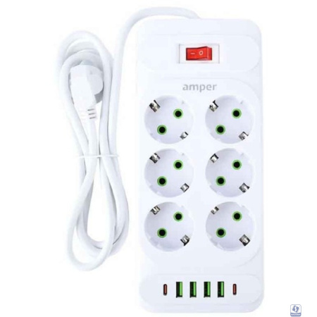 Amper сетевой удлинитель, 4,0м, 6 розеток, 10А, 2500 Вт, 4usb,2Type-C, белый. [JH-1076U-4W]