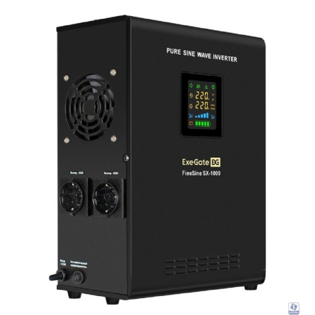 Exegate EX295997RUS ИБП (инвертор, синус, для котла) настенный ExeGate FineSine SX-1000.LCD.AVR.2SH <1000VA/600W, чистая синусоида, цветной LCD-дисплей, AVR, 2*Schuko, линейно-интерактивный, внешняя б