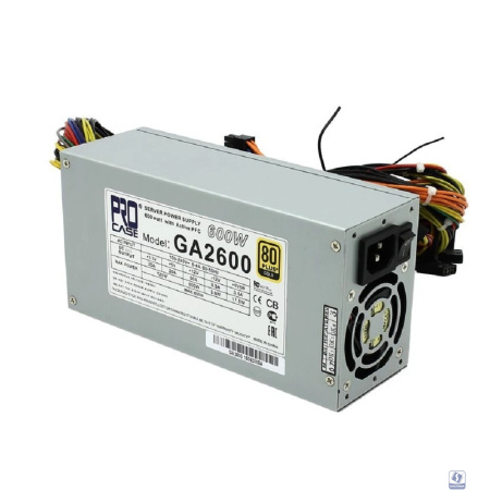 Procase GA2600 Блок питания ATX 2U  2FAN (600W), 80+ Gold, 200*100*70mm, Активный PFC,  +5B=20A, +12B=50A, +3,3B=20A, 5VSB=3.5A, -12B=0.3A, Защита от перегрузки 105-150%, Входное напряжение 160-240В