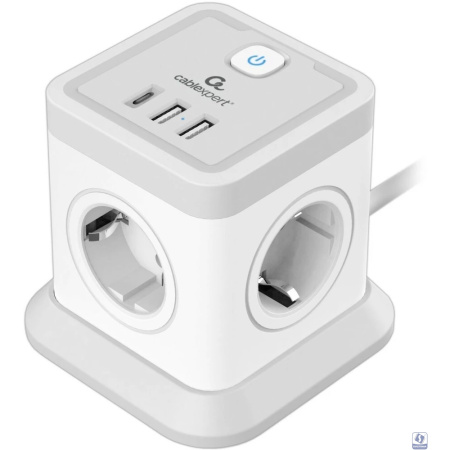 Cablexpert Сетевой фильтр Tower TWR-4-CU2-W-2 (4р, 10А, 1xType-C PD, 20Вт, 2 х USB, 2м, ур.защиты 2+) белый, коробка 