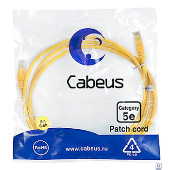Cabeus PC-UTP-RJ45-Cat.5e-2m-YL-LSZH Патч-корд U/UTP, категория 5е, 2xRJ45/8p8c, неэкранированный, желтый, LSZH, 2м