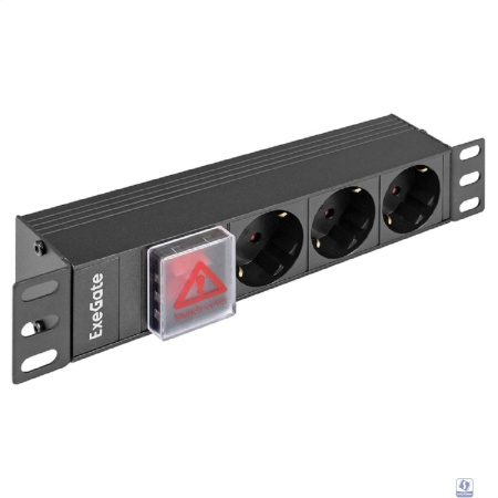 Exegate EX298593RUS Блок розеток 10" с выключателем с подсветкой ExeGate ServerPro PDU-10H305 Al-3S-C14-SW (10", 1U, Алюминий, 3 Schuko, C14, выкл. с подсветкой, (ШхВхГ): 254х45х45 мм, черный, RTL)
