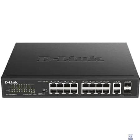 D-Link DES-1018MPV2/A1A Неуправляемый коммутатор с 16 портами 10/100Base-TX и 2 комбо-портами 100/1000Base-T/SFP (16 портов PoE 802.3af/at, PoE-бюджет 247 Вт, дальность до 250 м)