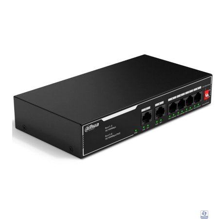 DAHUA DH-SF1006LP 6-портовый неуправляемый коммутатор с РоЕ, 4xRJ45 100Mb PoE, 2xRJ45 100Mb uplink, суммарно 36Вт, коммутация 1.2 Гбит/с, MAC-таблица 2K, металл