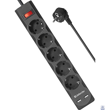 Defender Фильтр DFS 751 1.8м, 5 розеток, 2xUSB, 2.1A (99751)