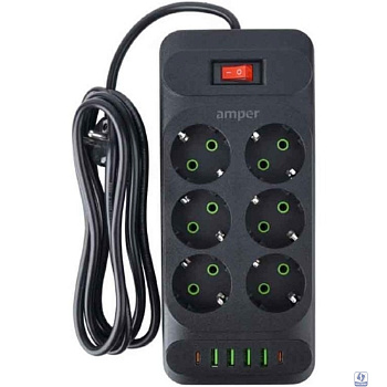 Amper сетевой удлинитель, 4,0м, 6 розеток, 10А, 2500 Вт, 4usb,2Type-C, черный. [JH-1076U-4B]