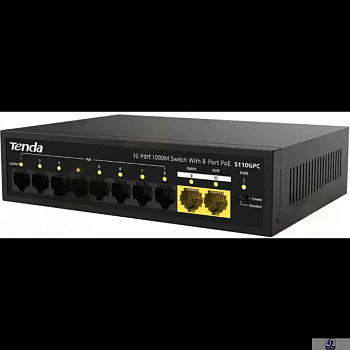 TENDA S110GPC Коммутатор неуправляемый PoE, 10 портов, 8x100 Мбит/с, 2х1 Гбит/с, PoE 8х30 Вт (до 80 Вт), настольный, металлический