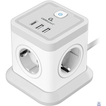 Cablexpert Сетевой фильтр Tower TWR-4-CU2-W-2 (4р, 10А, 1xType-C PD, 20Вт, 2 х USB, 2м, ур.защиты 2+) белый, коробка 