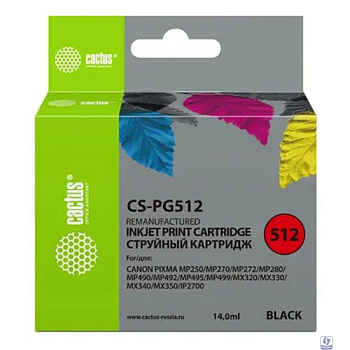 Cactus PG-512 Картридж для Canon PIXMA MP240/ MP250/MP260/ MP270/ MP480/ MP490/ MP492/MX320/ MX330, черный, 14 мл