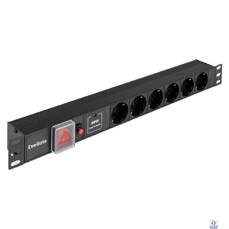 Exegate EX299606RUS Блок розеток с сетевым фильтром (Surge Protect), защитой от перегрузки, выключателем с подсветкой и разъемом подключения C14 ExeGate ServerPro PDU-19H605 Al-6S-C14-SW-O-SPD1 (19", 