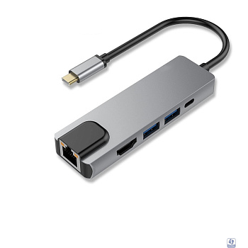 Bion Мульти переходник USB Type-C - USB Type-C/2*USB-A 3.0/HDMI/RJ-45 1000мб/с, 60W, алюминиевый корпус, длина кабеля 10 см [BXP-A-USBC-MULTI-03]