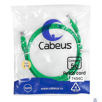 Cabeus PC-UTP-RJ45-Cat.5e-1m-GN Патч-корд U/UTP, категория 5е, 2xRJ45/8p8c, неэкранированный, зеленый, PVC, 1м     